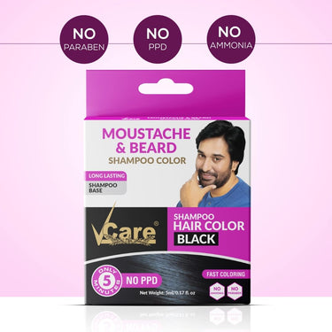 VCare Moustache and Beard color shampoo for Men Black, Natural Hair Color Dye Conditioner | No Ammonia No Paraben No PPD - 5 ml (Pack Of 10)